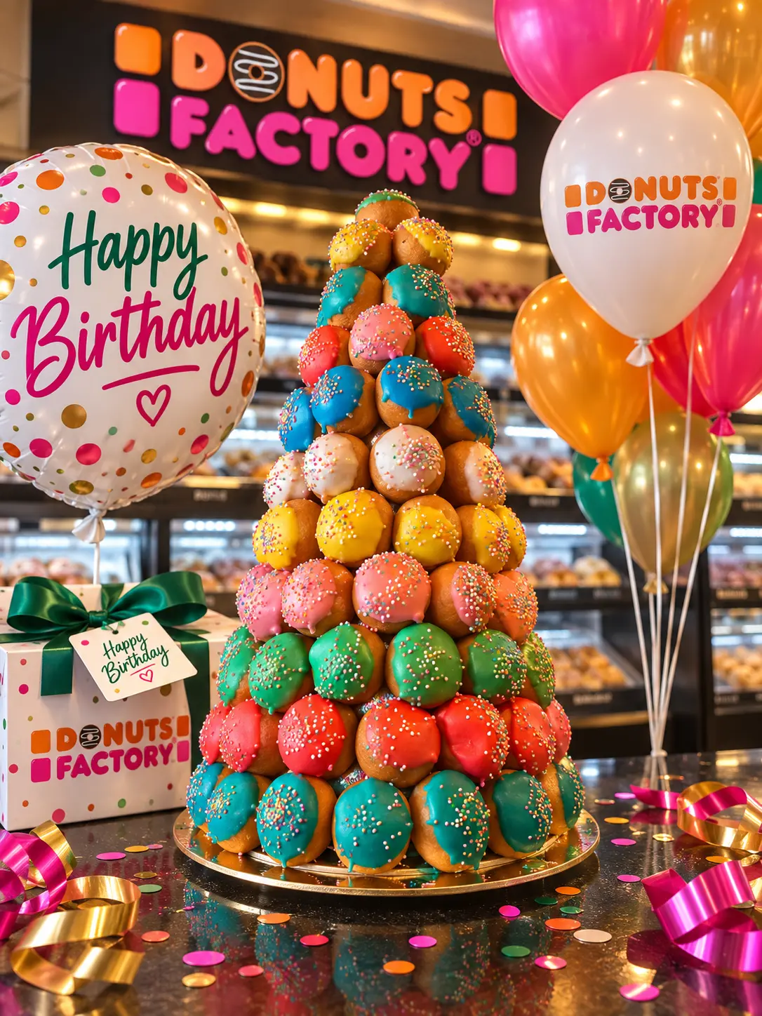 Colorful Donuts Factory birthday donut tower with balloons