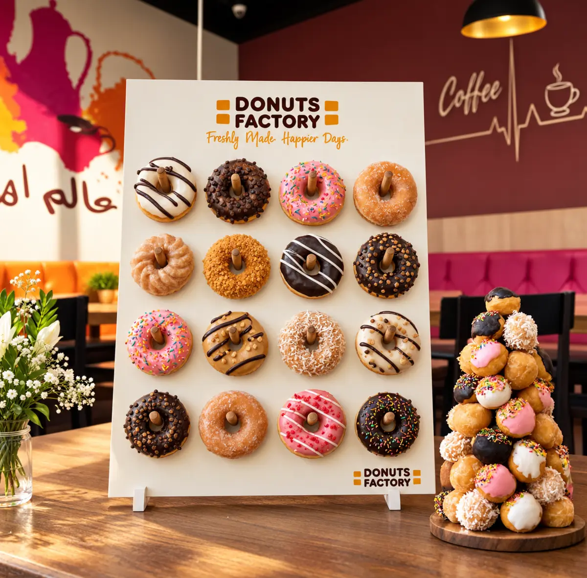 A signature Donuts Factory donut wall display