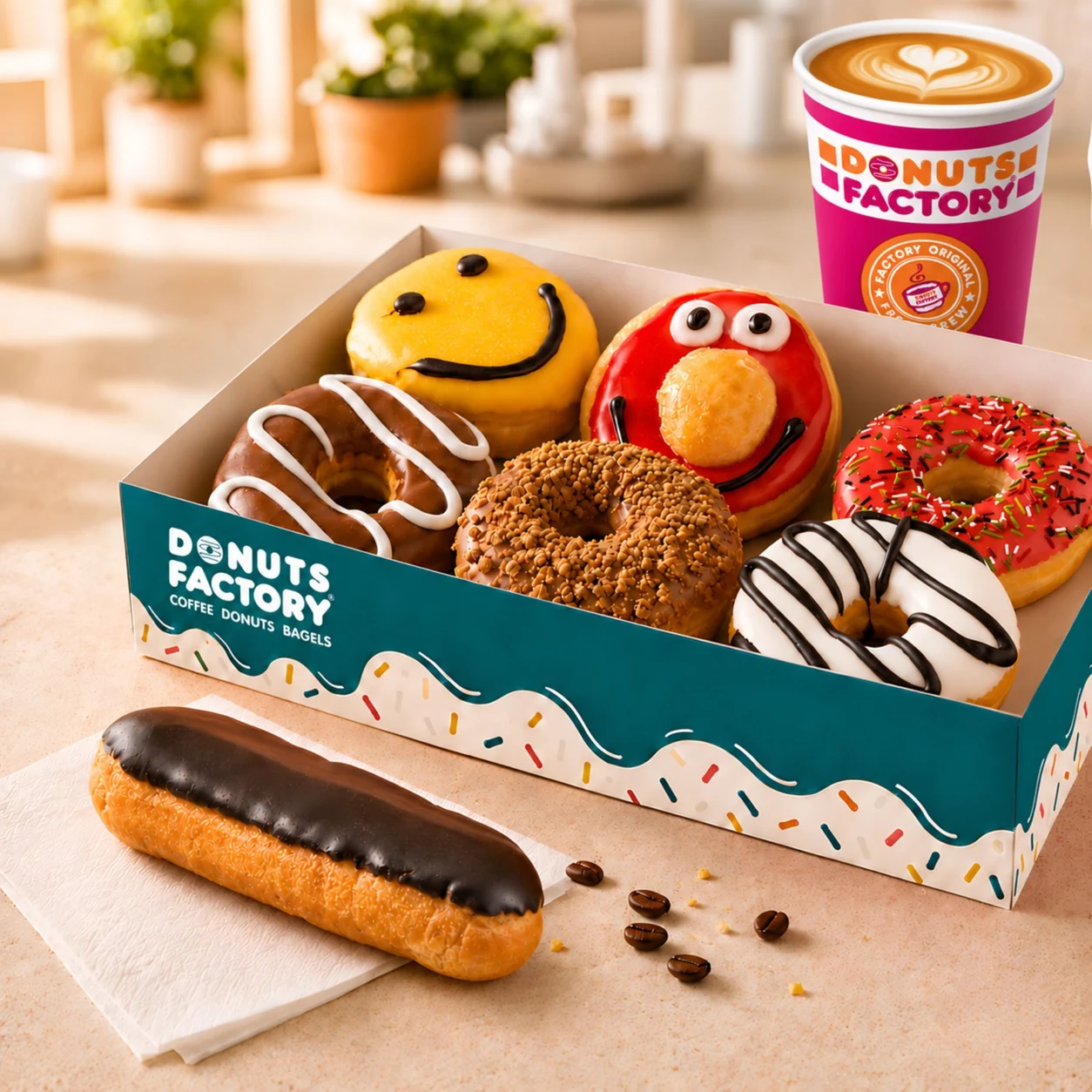 A branded Donuts Factory box filled with donuts beside a branded coffee cup
